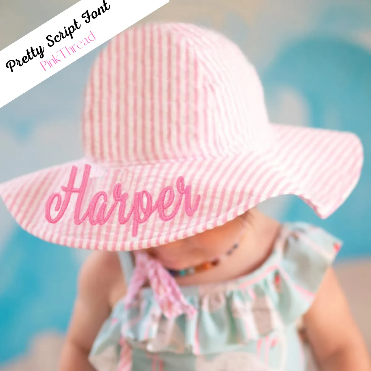 Personalized Pink and White Wide Brim Seersucker Baby Sun Hat Newborn Hat Infant Summer Hat