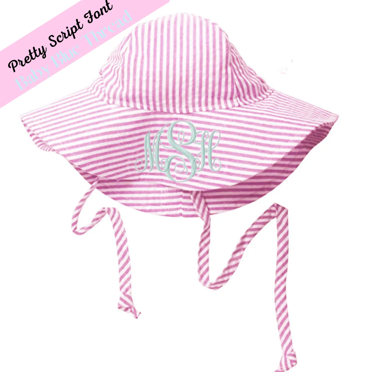 Personalized Pink and White Wide Brim Seersucker Baby Sun Hat Newborn Hat Infant Summer Hat