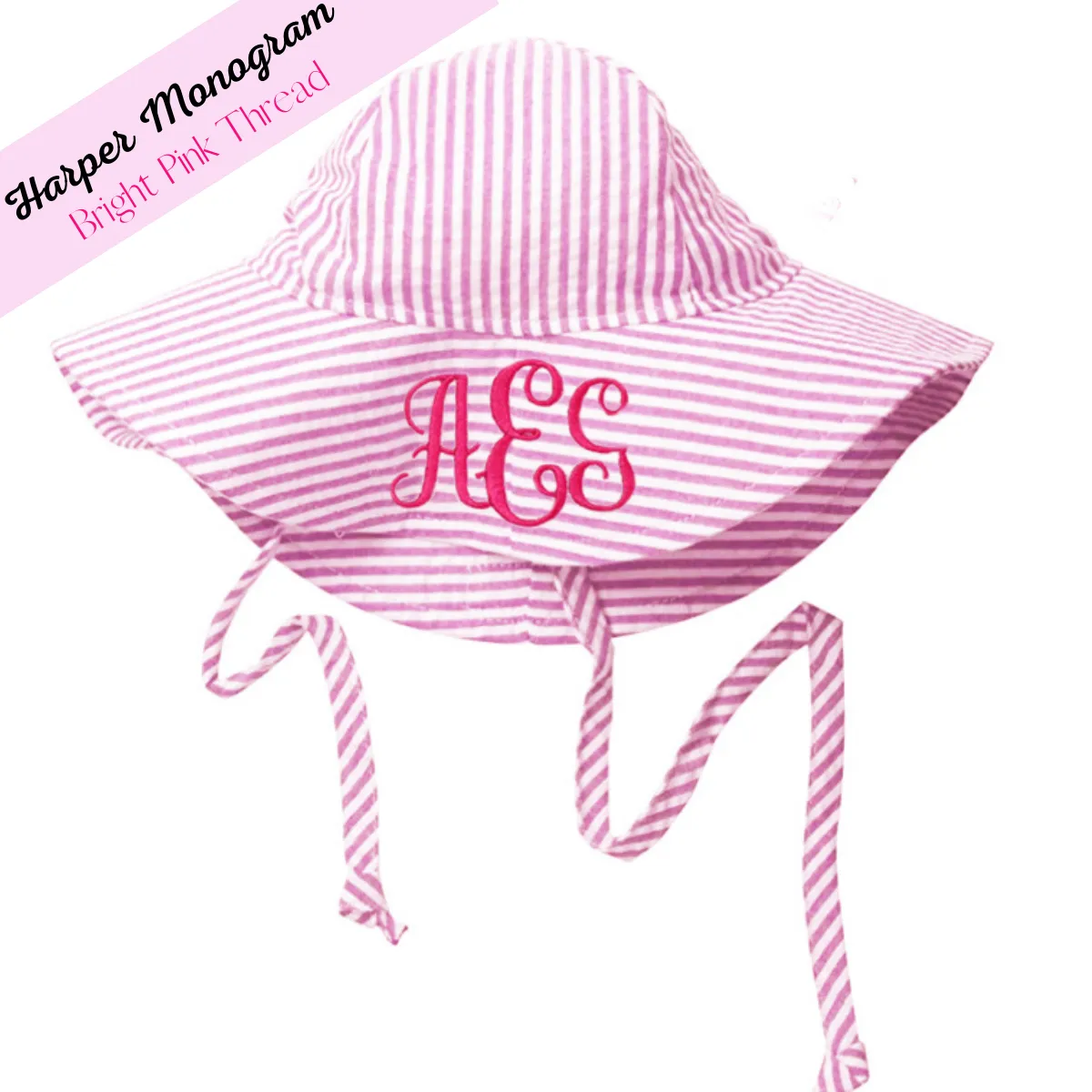 Personalized Pink and White Wide Brim Seersucker Baby Sun Hat Newborn Hat Infant Summer Hat