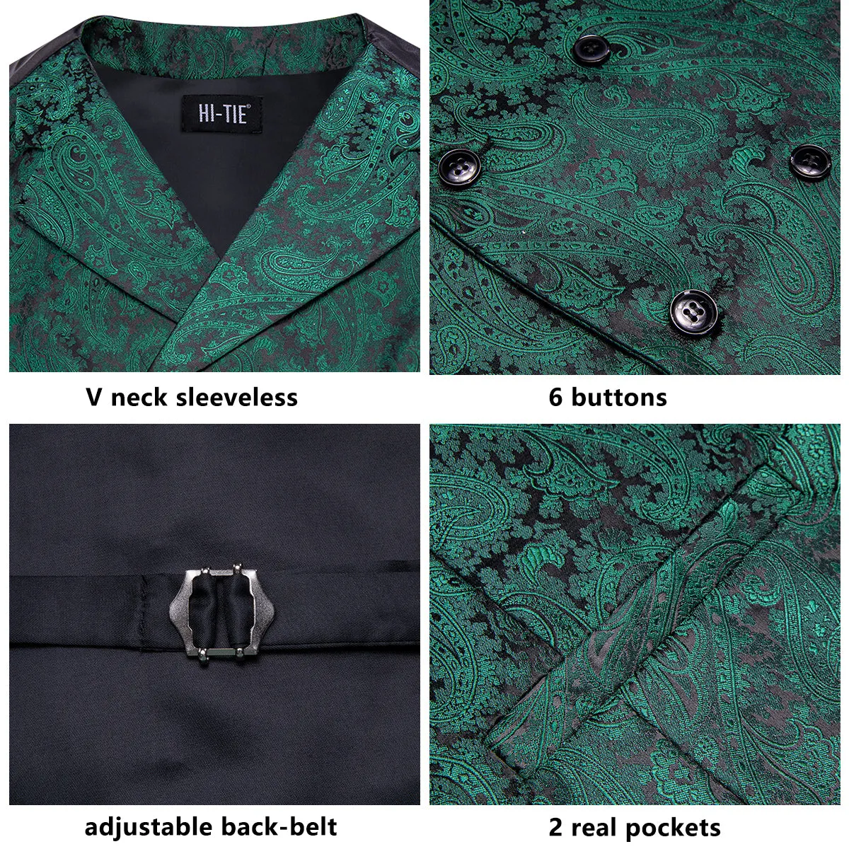 Pine Green Paisley Men's Collar Vest Hanky Cufflinks Tie Set