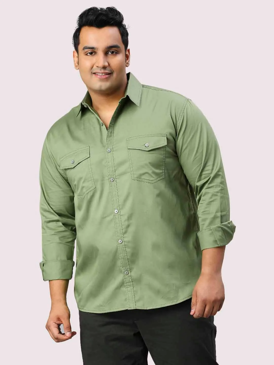 Pista Green Solid Pure Cotton Double Pocket Full Sleeve Shirt Men's Plus Size