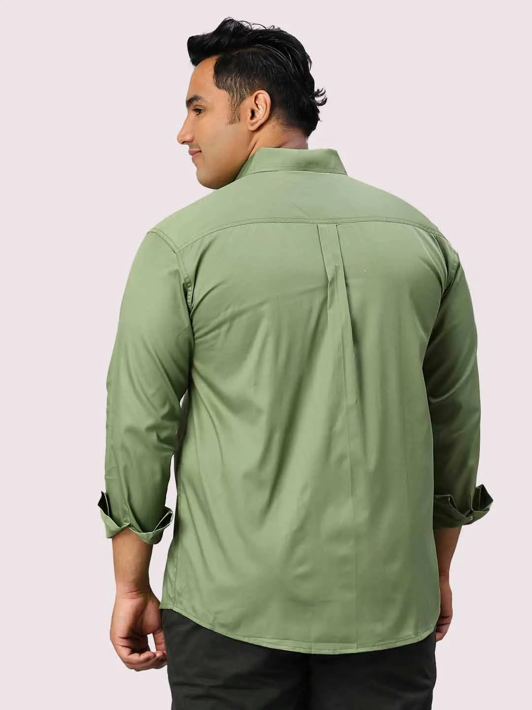 Pista Green Solid Pure Cotton Double Pocket Full Sleeve Shirt Men's Plus Size