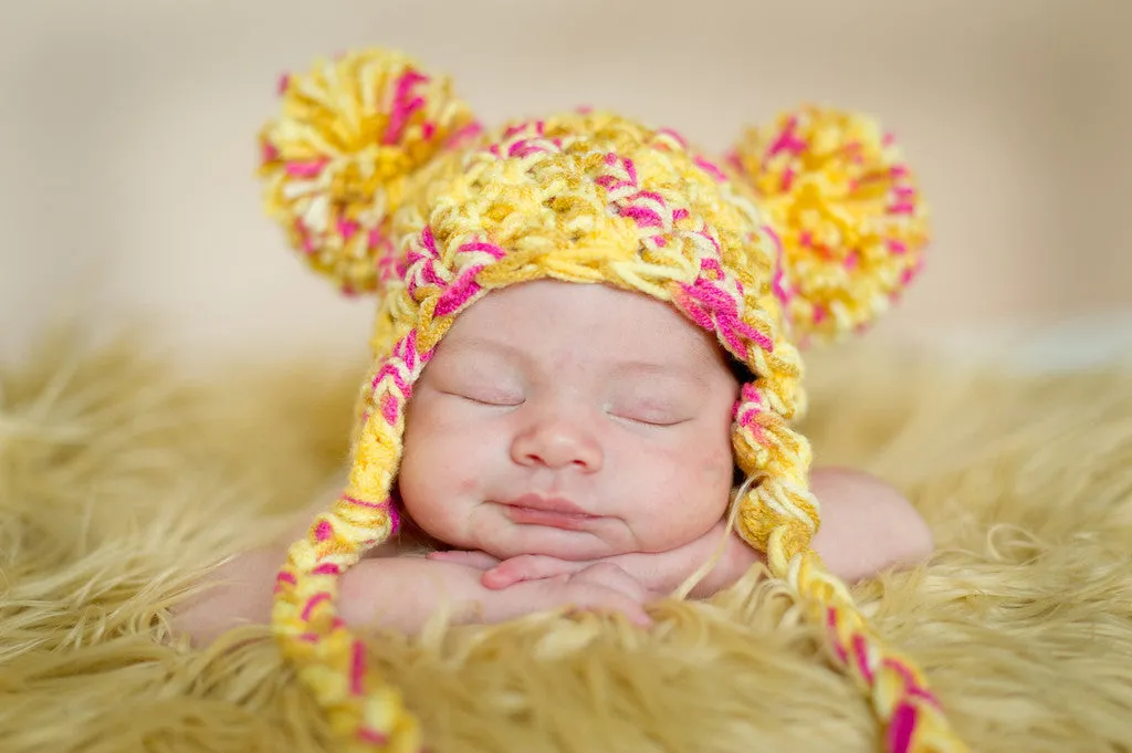 Pom Newborn Earflap Hat Yellow Pink