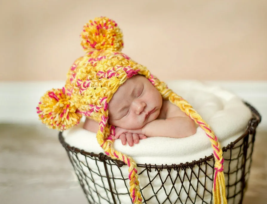 Pom Newborn Earflap Hat Yellow Pink