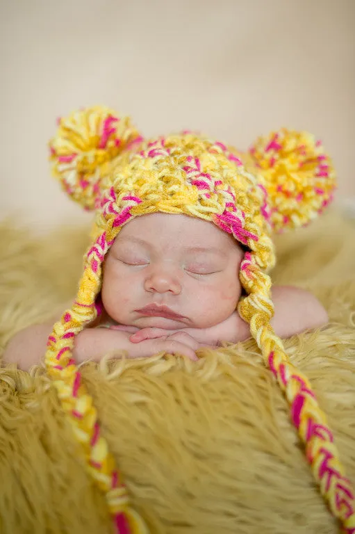 Pom Newborn Earflap Hat Yellow Pink