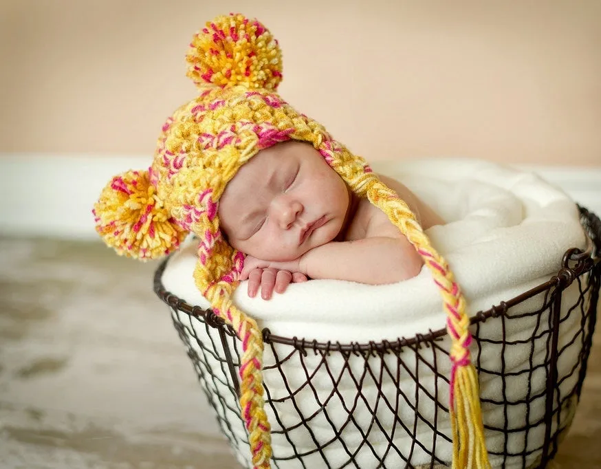 Pom Newborn Earflap Hat Yellow Pink