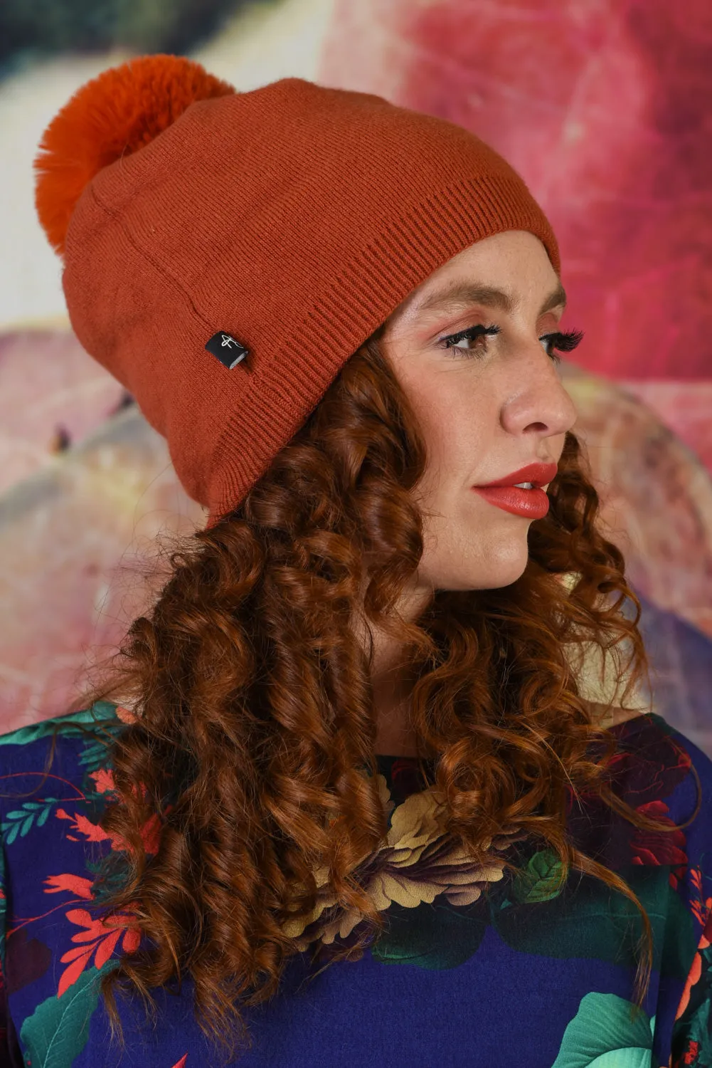 Pom Pom Cashmere Beanie - Orange