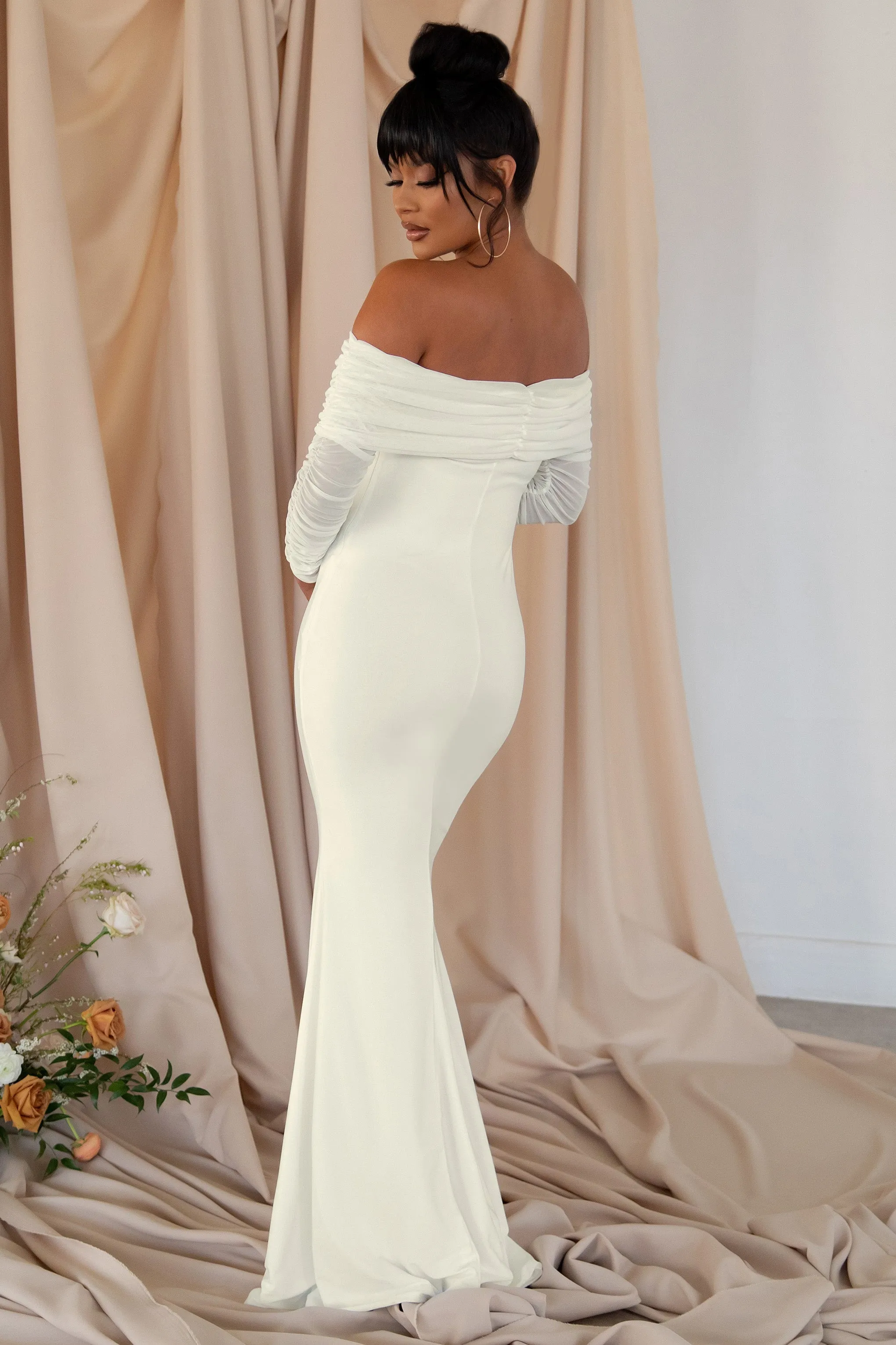 Pretty Perfect | White Maternity Ruched Mesh Bardot Maxi Dress