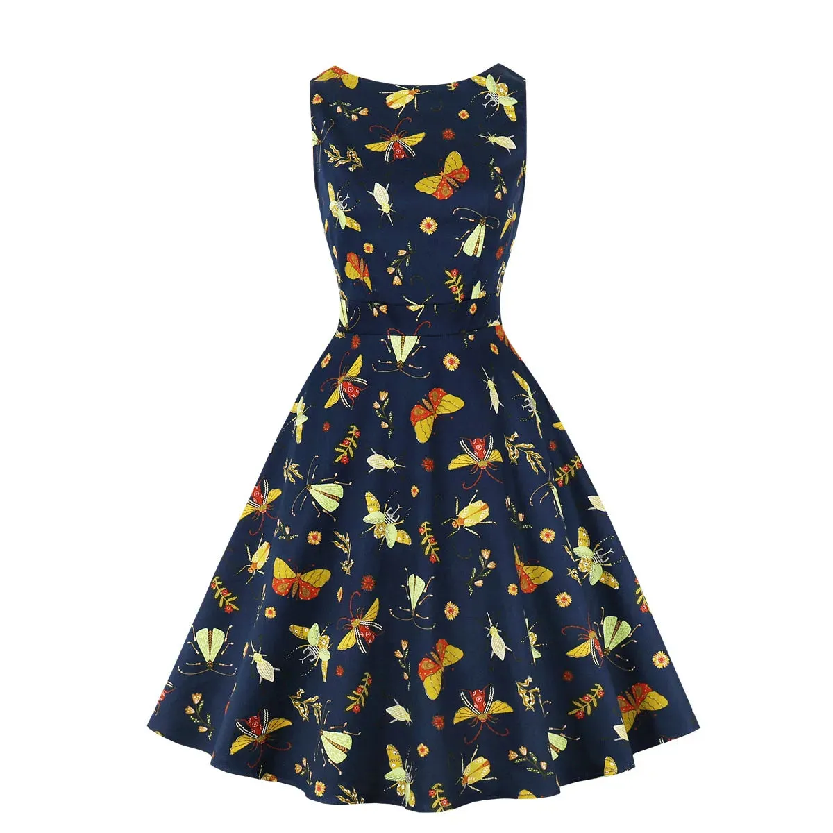 Printed Retro Bubble Skirt Midi Dress