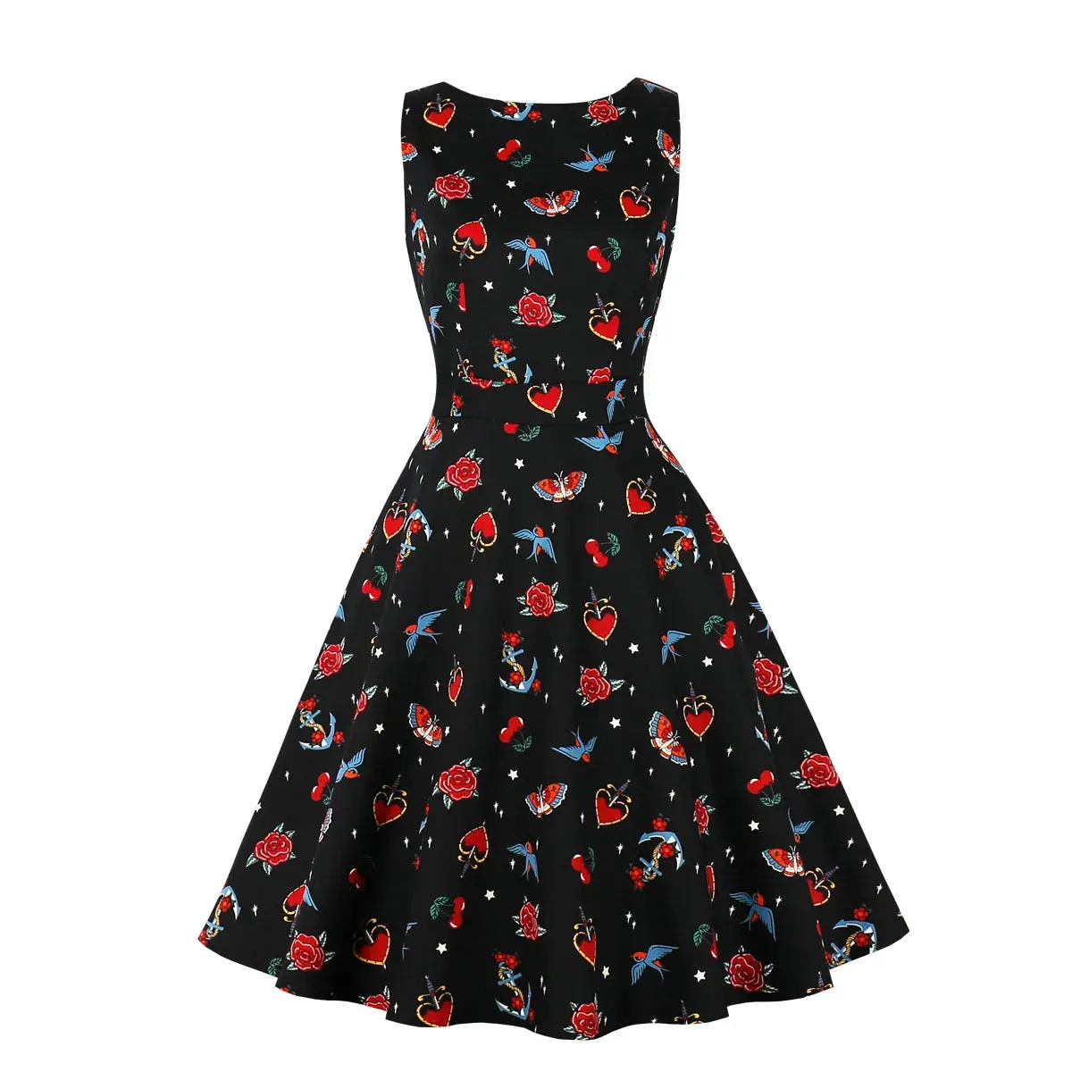 Printed Retro Bubble Skirt Midi Dress