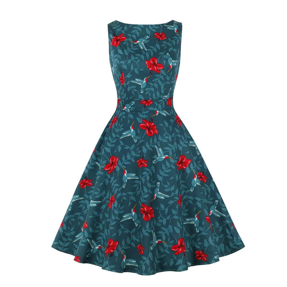 Printed Retro Bubble Skirt Midi Dress