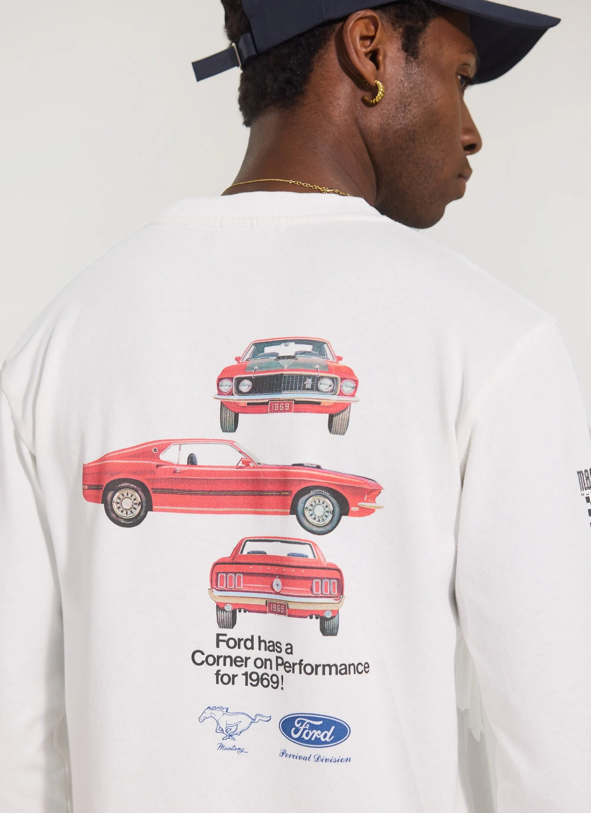 Raceway '69 Mustang Long Sleeve T Shirt | Percival x Ford | White