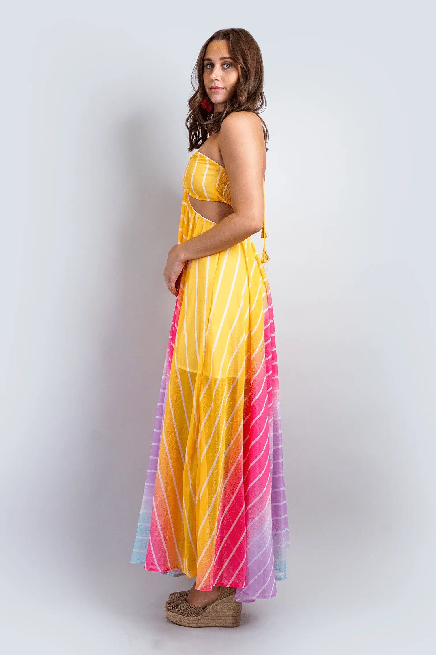 Rainbow Yellow and Pink Ombre Stripe Halter Maxi