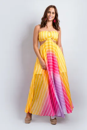 Rainbow Yellow and Pink Ombre Stripe Halter Maxi