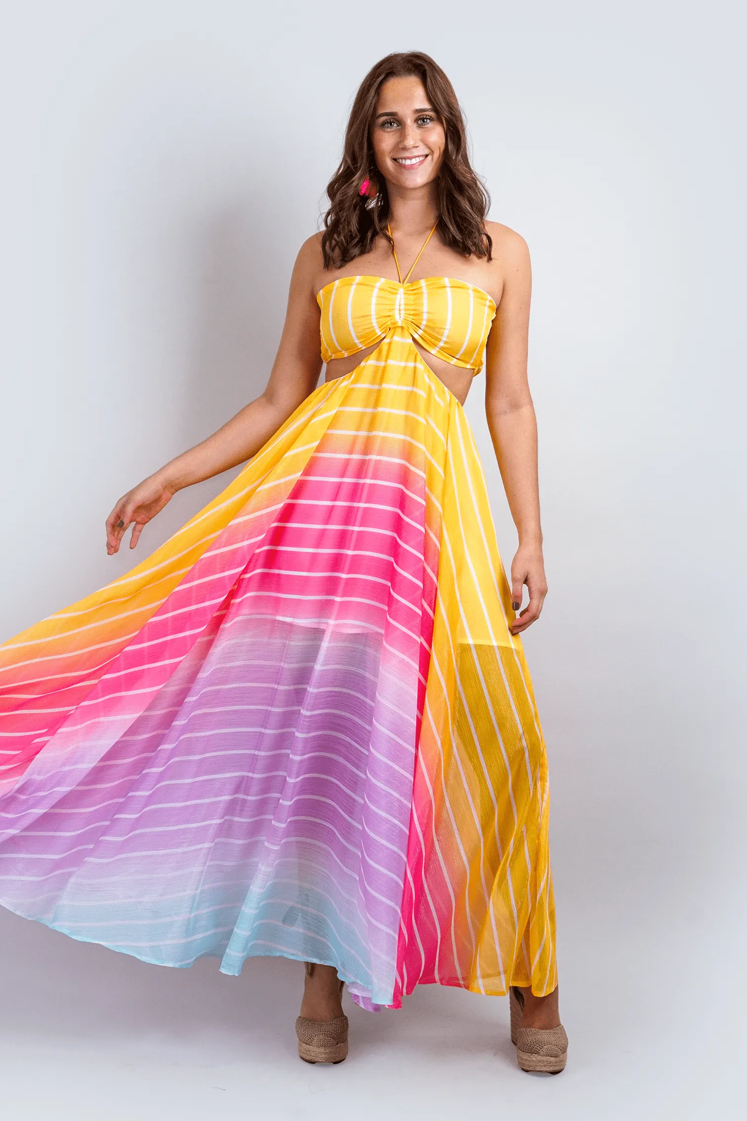 Rainbow Yellow and Pink Ombre Stripe Halter Maxi