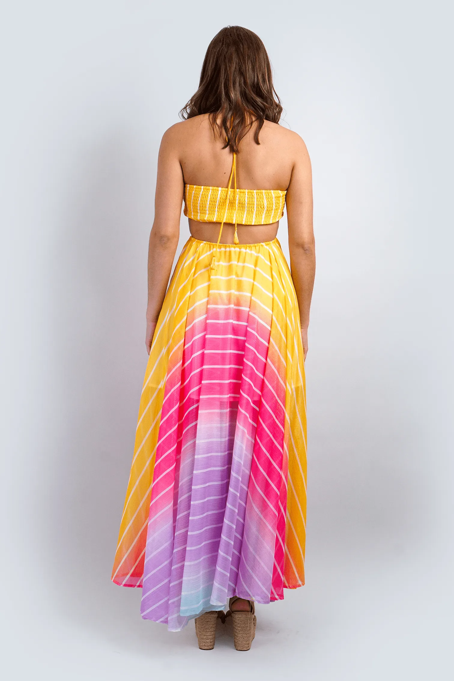 Rainbow Yellow and Pink Ombre Stripe Halter Maxi