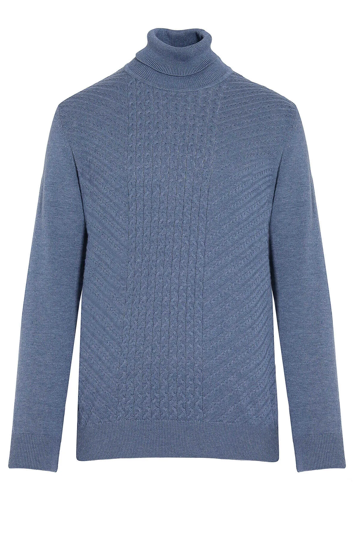 Regular Fit Patterned Cotton Blend Ecru Turtleneck Sweater, Denim