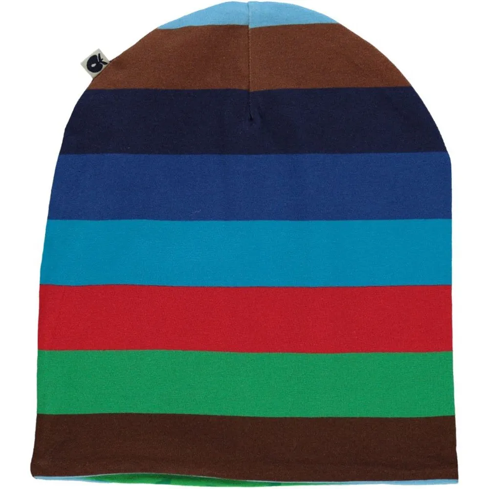 Reversible Beanie With Stripes  - Medieval Blue & Retro Apples