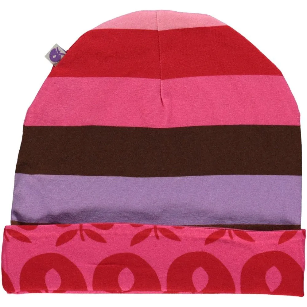 Reversible Beanie With Stripes  - Purple Heart & Retro Apples