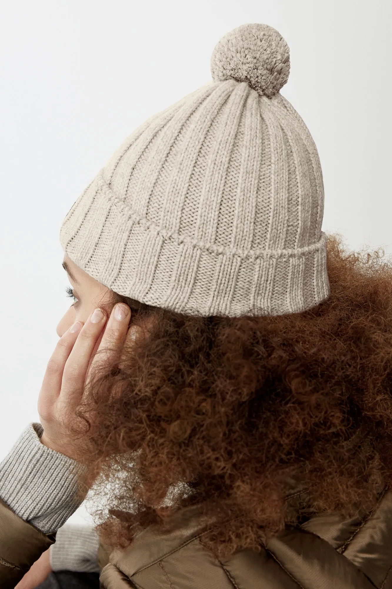 Rib Pom Beanie Cashmere - Light Tan