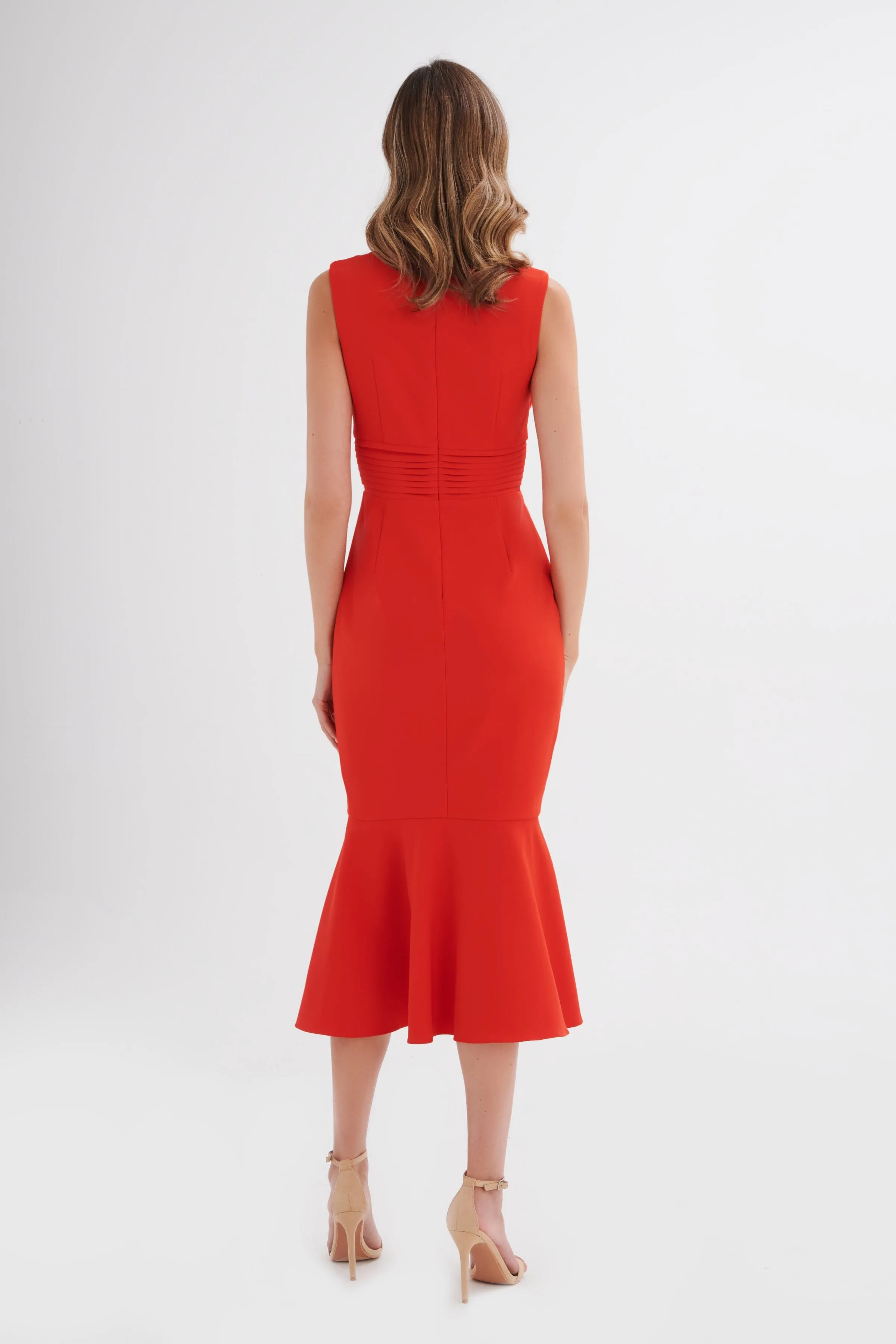 SAFFRON High Neck Rose Button Midi Dress in Red