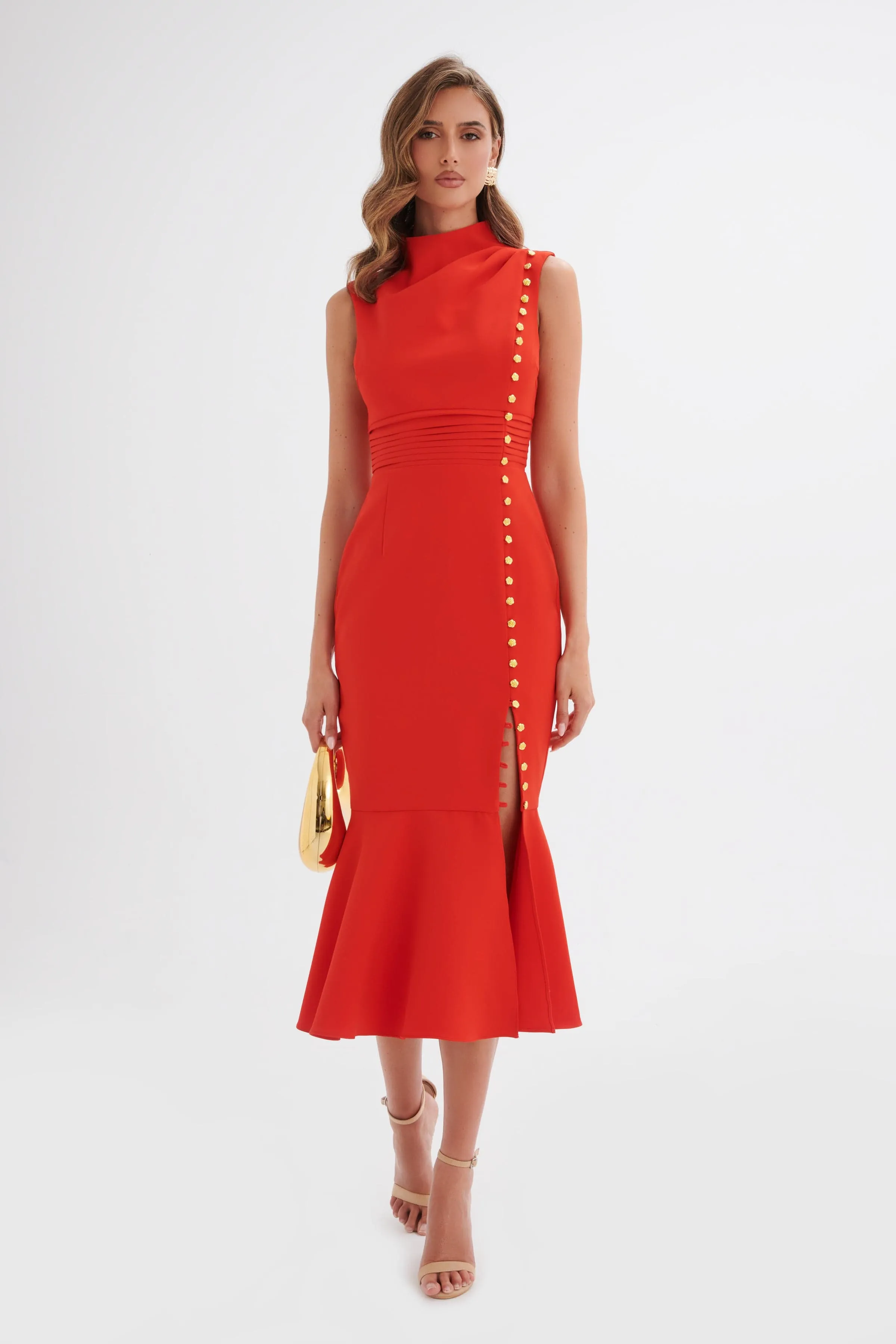 SAFFRON High Neck Rose Button Midi Dress in Red