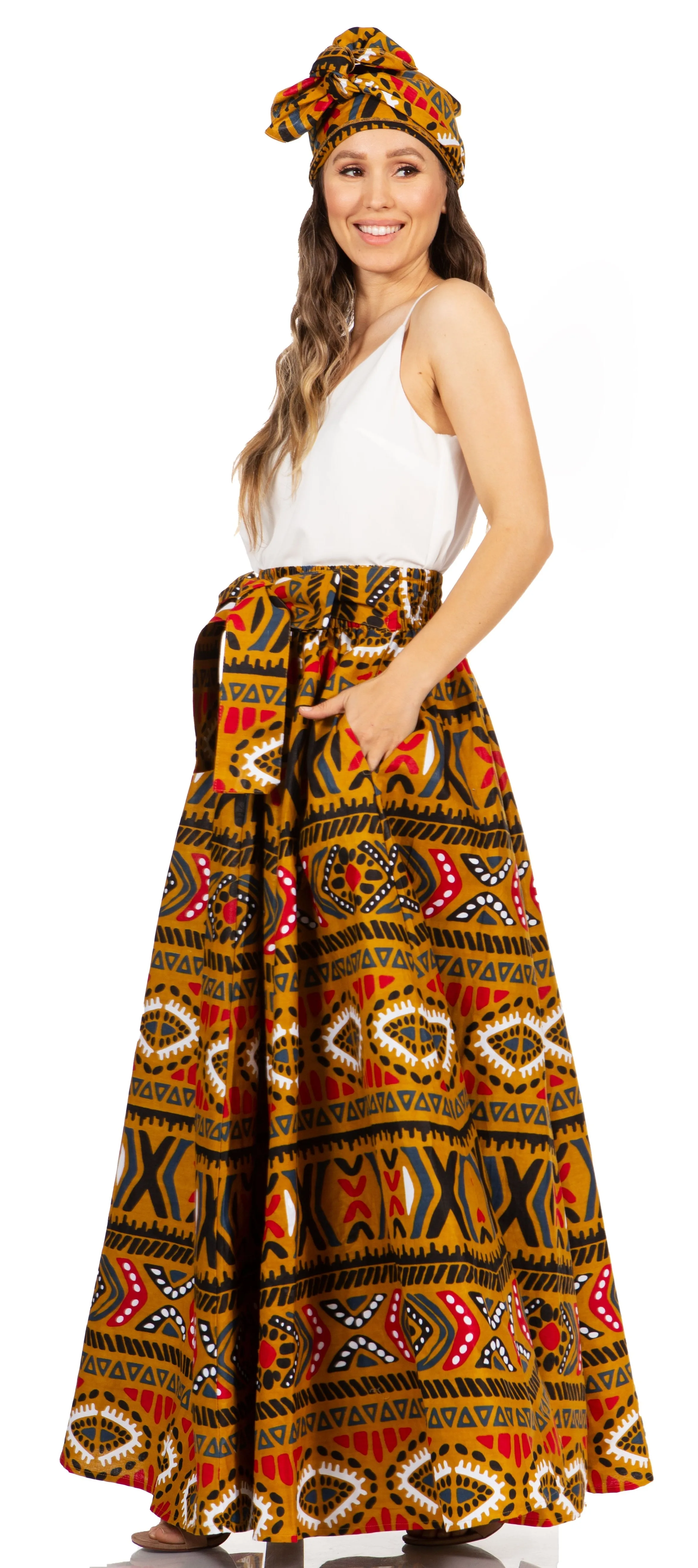 Sakkas Asma's Second Convertible Traditional Wax Print Maxi Skirt with Adjustable Straps