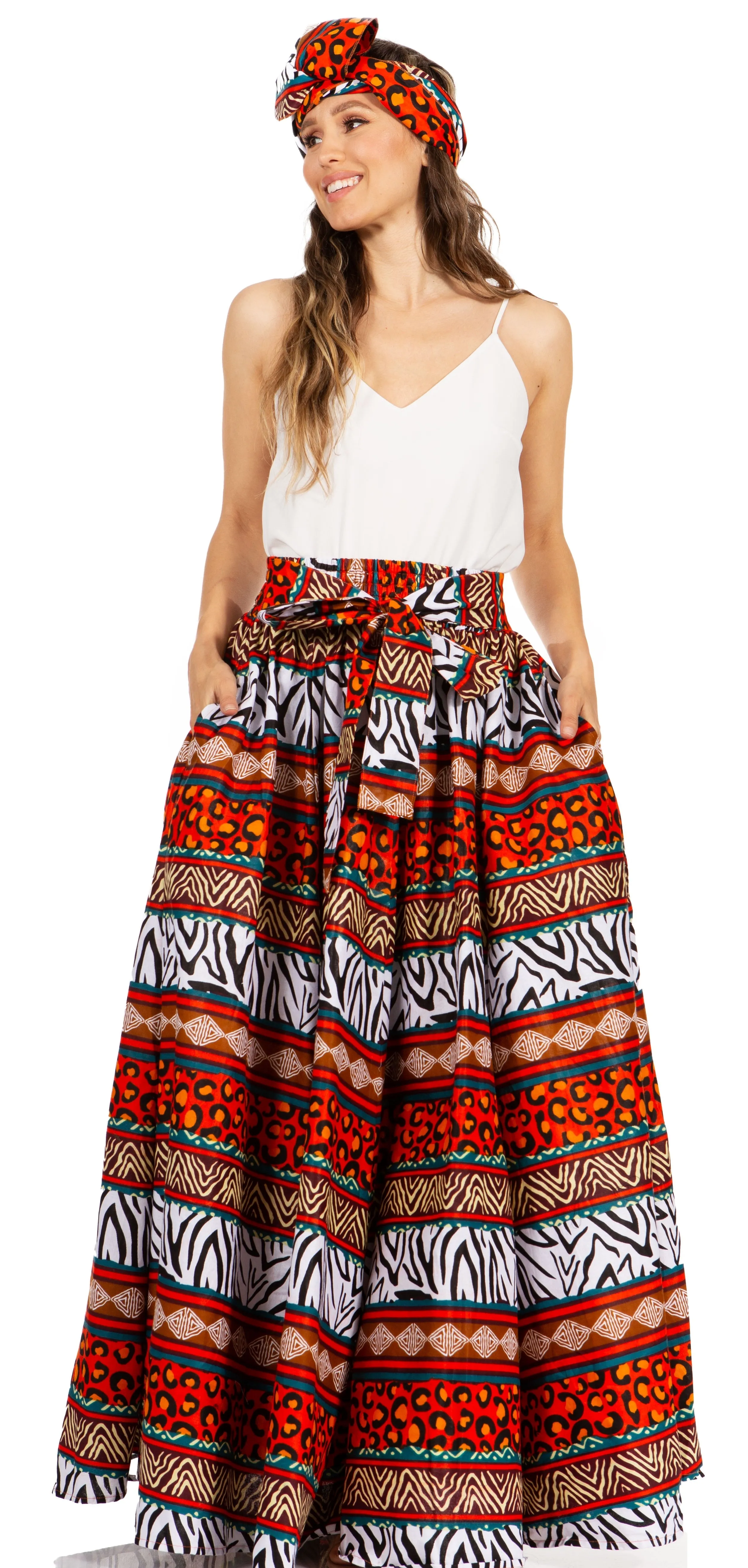 Sakkas Asma's Second Convertible Traditional Wax Print Maxi Skirt with Adjustable Straps