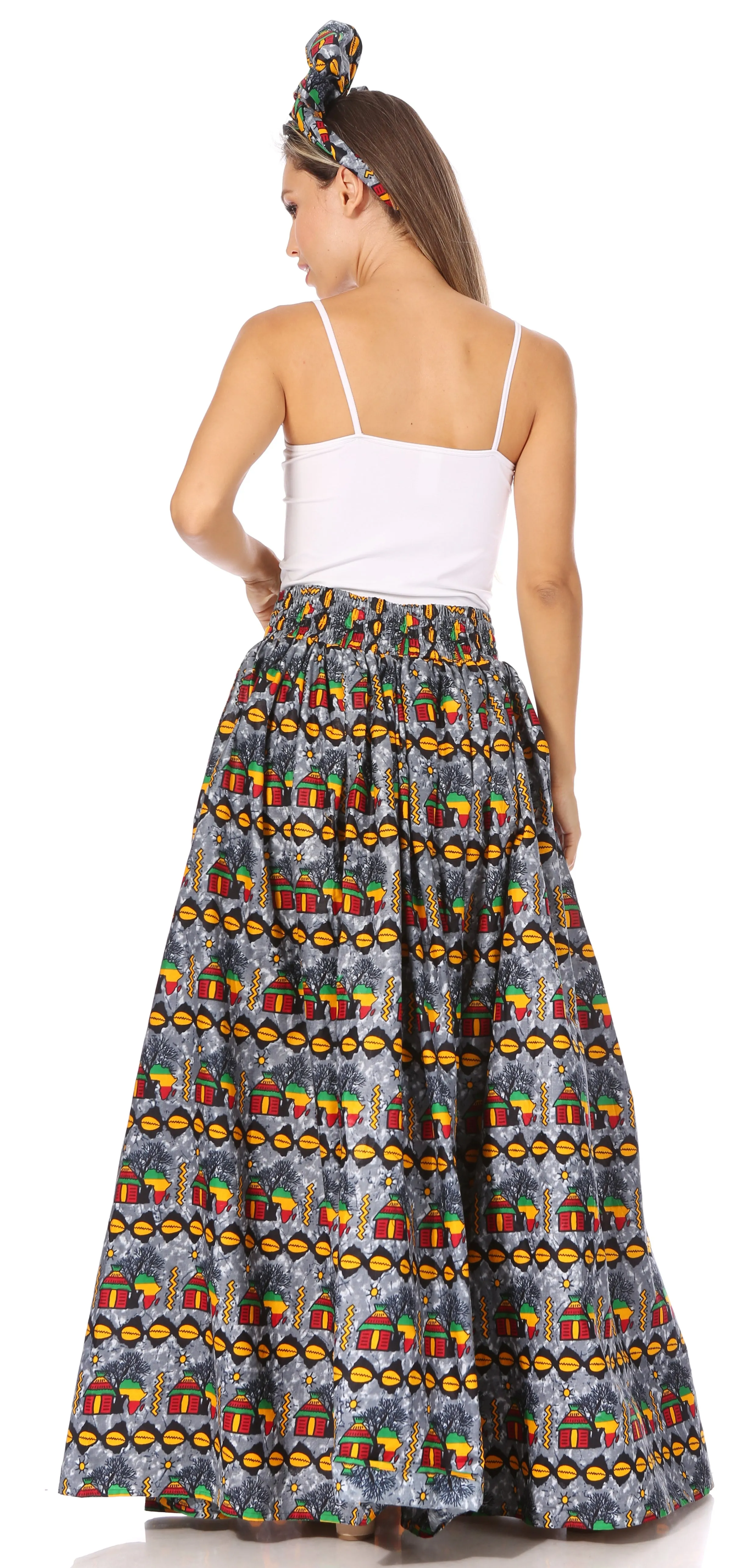 Sakkas Asma's Second Convertible Traditional Wax Print Maxi Skirt with Adjustable Straps