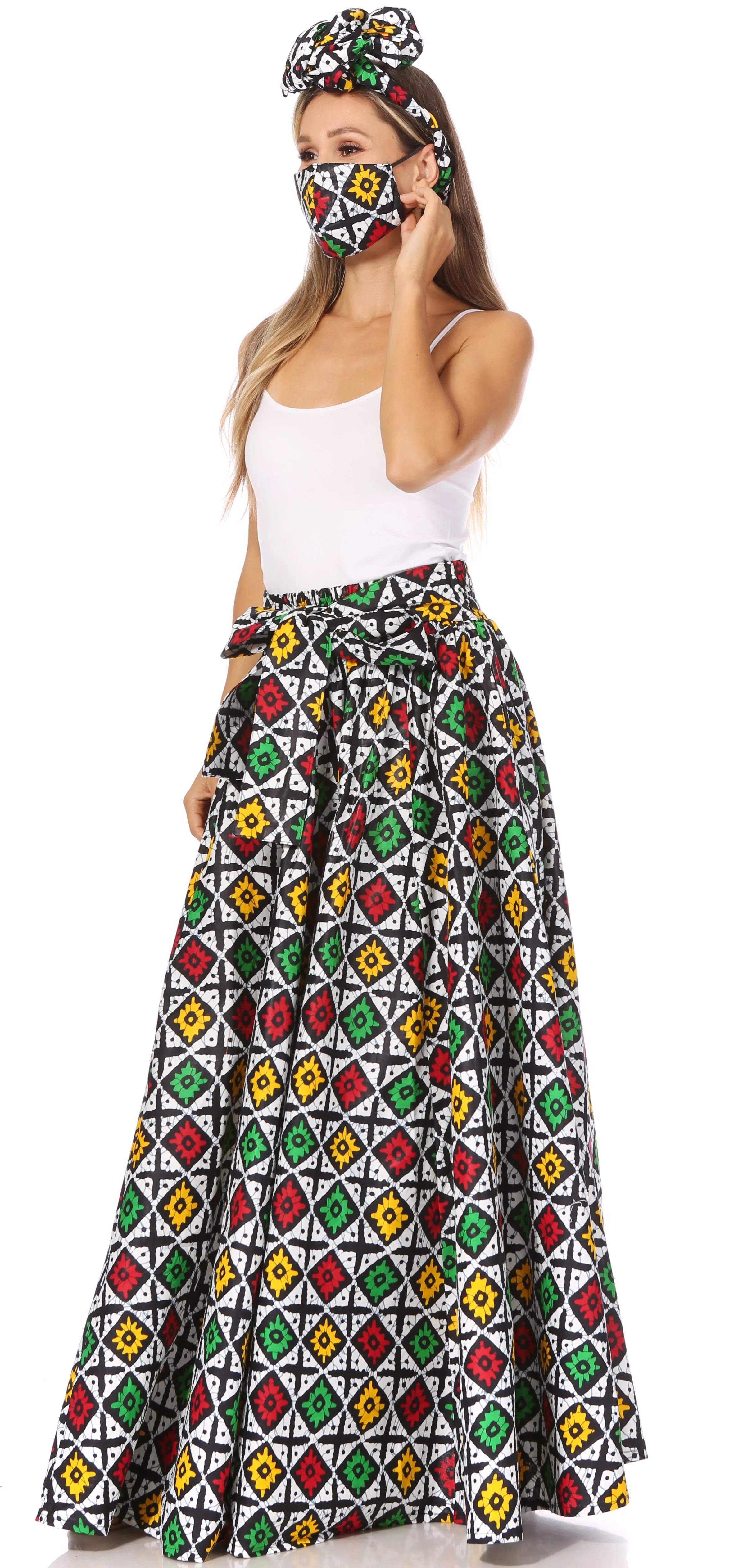 Sakkas Asma's Second Convertible Traditional Wax Print Maxi Skirt with Adjustable Straps