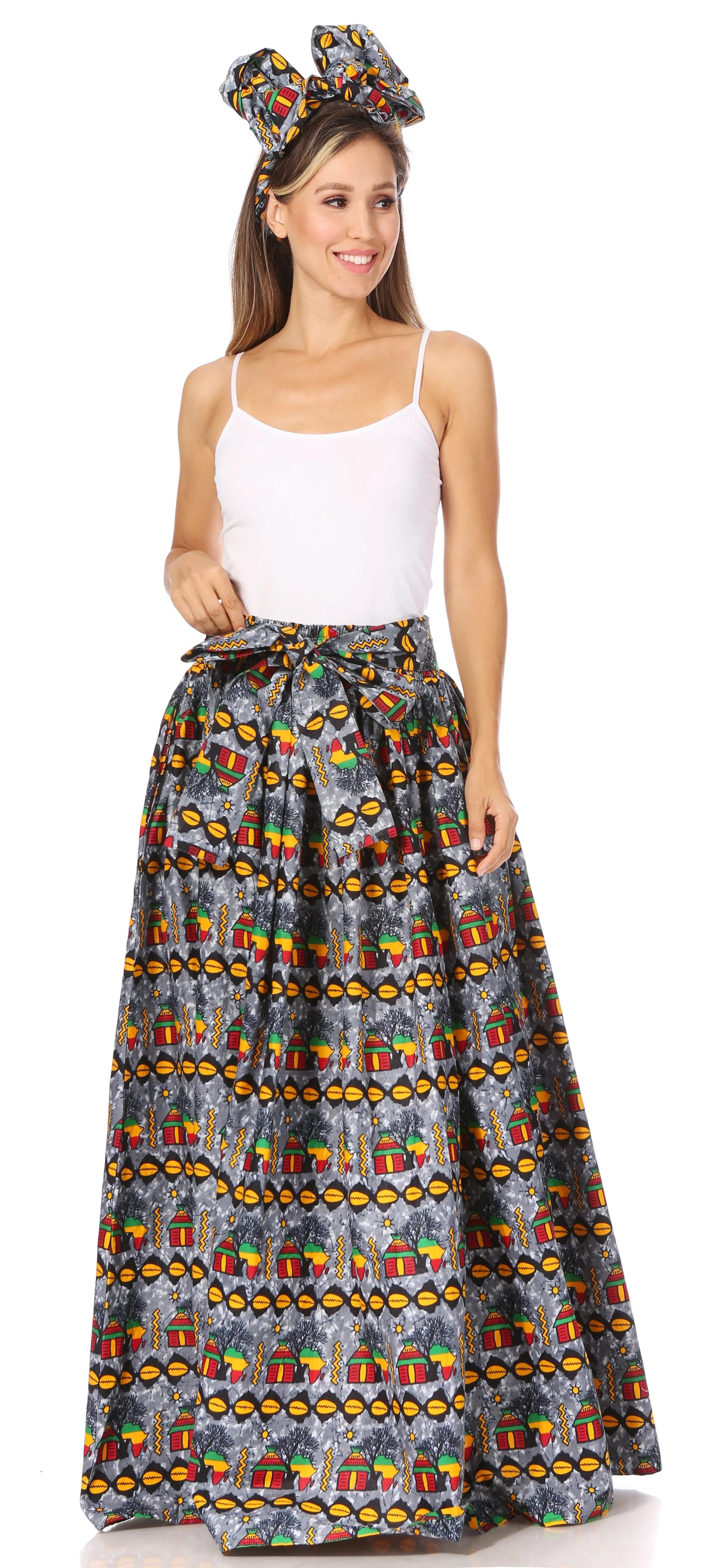 Sakkas Asma's Second Convertible Traditional Wax Print Maxi Skirt with Adjustable Straps