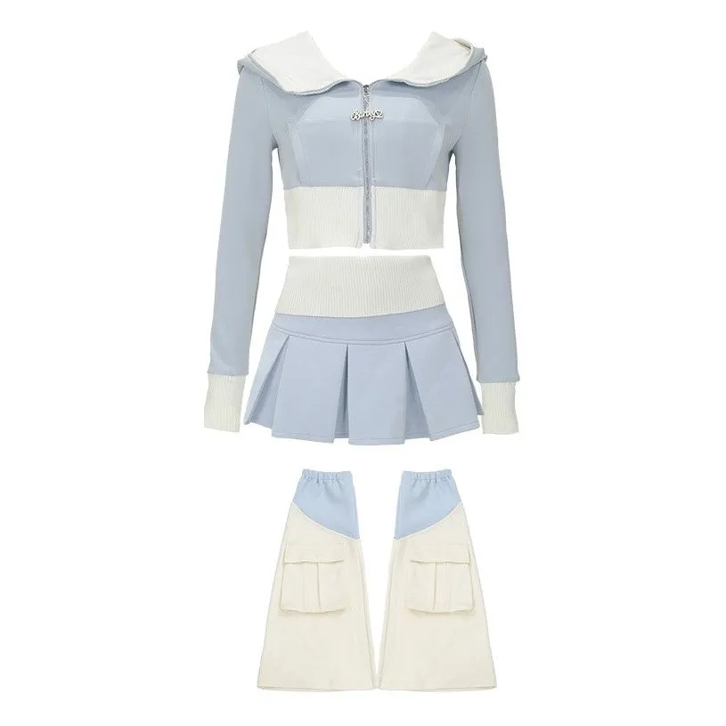 Serendipity Autumn Blue Zip Up Hoodie Jacket & Pleated Mini Skirt & Leg Warmers Three Piece Set