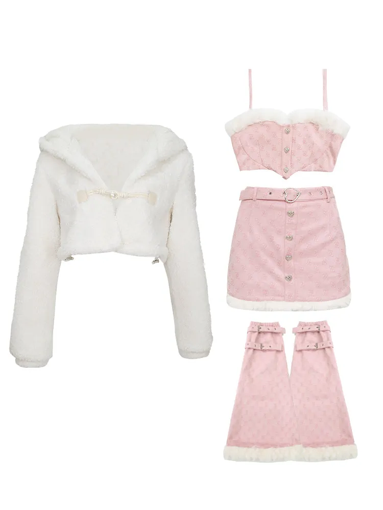 Serendipity Winter Rabbit Ears Jacket & Pink Camisole Skirt Leg Warmers Four Piece Set