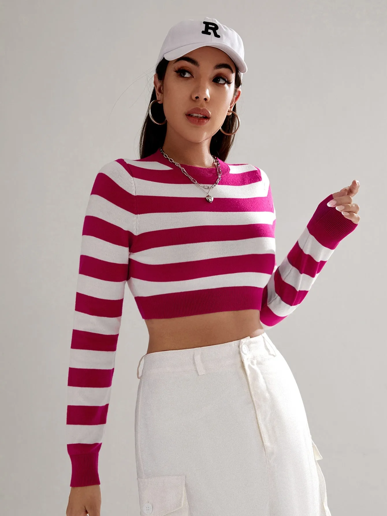 SHEIN Essnce Striped Pattern Crop Sweater