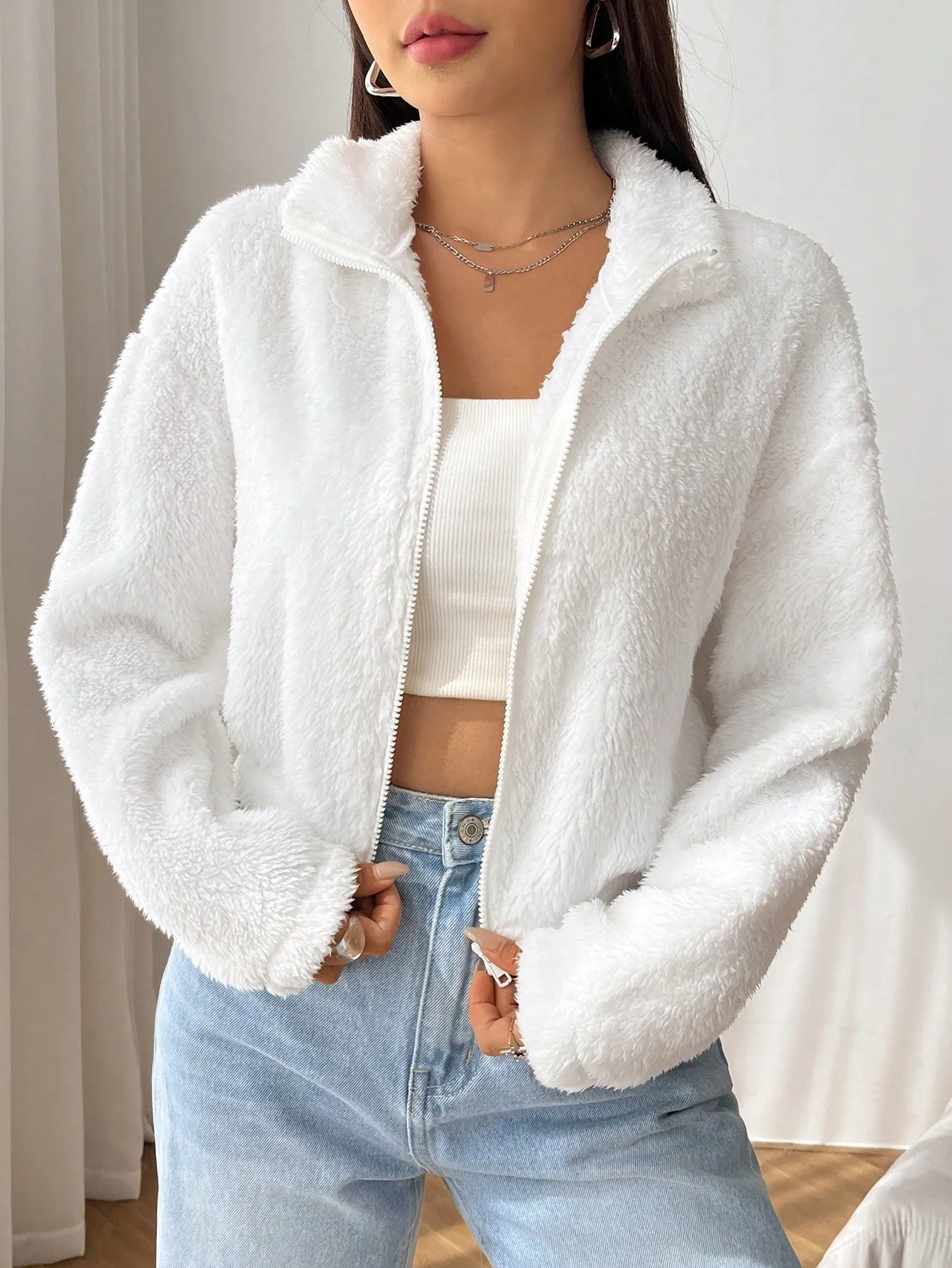 SHEIN EZwear Drop Shoulder Zip Up Drop Shoulder Teddy Jacket