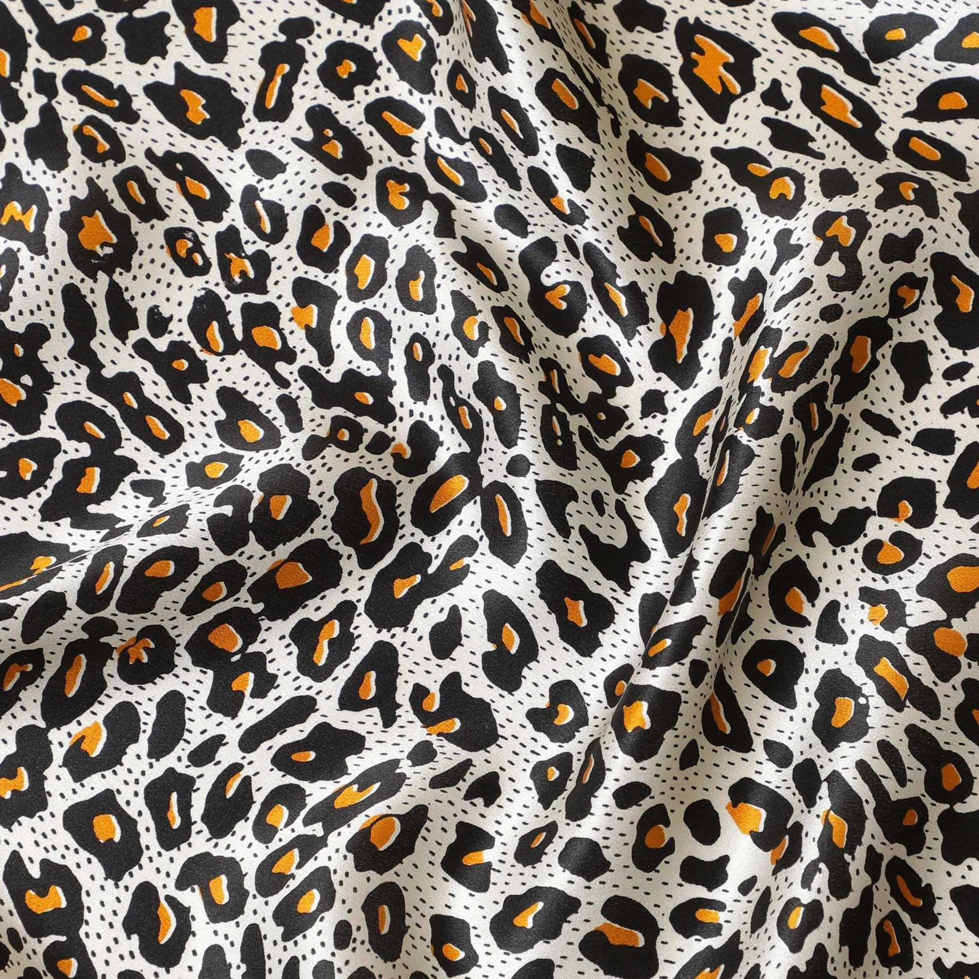 Silver Premium 100% pure silk satin fabric with black and orange print in animal skin design-D9297