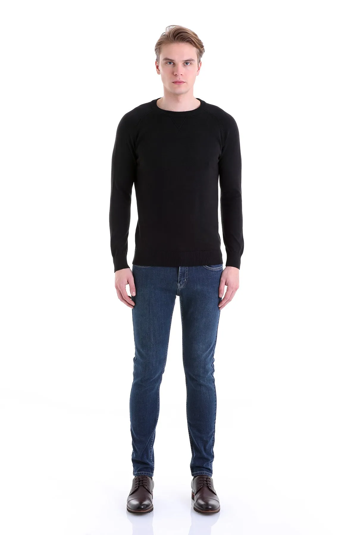 Slim Fit Black Cotton Blend Crewneck Sweater