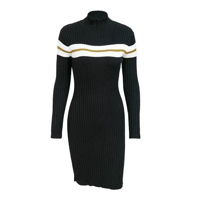 Slim Turtleneck Knitted Stripe Sweater Dress