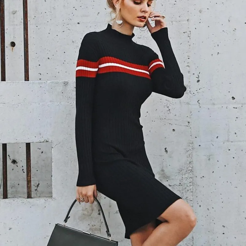 Slim Turtleneck Knitted Stripe Sweater Dress