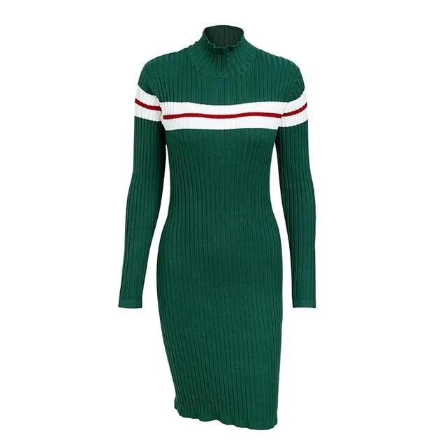 Slim Turtleneck Knitted Stripe Sweater Dress