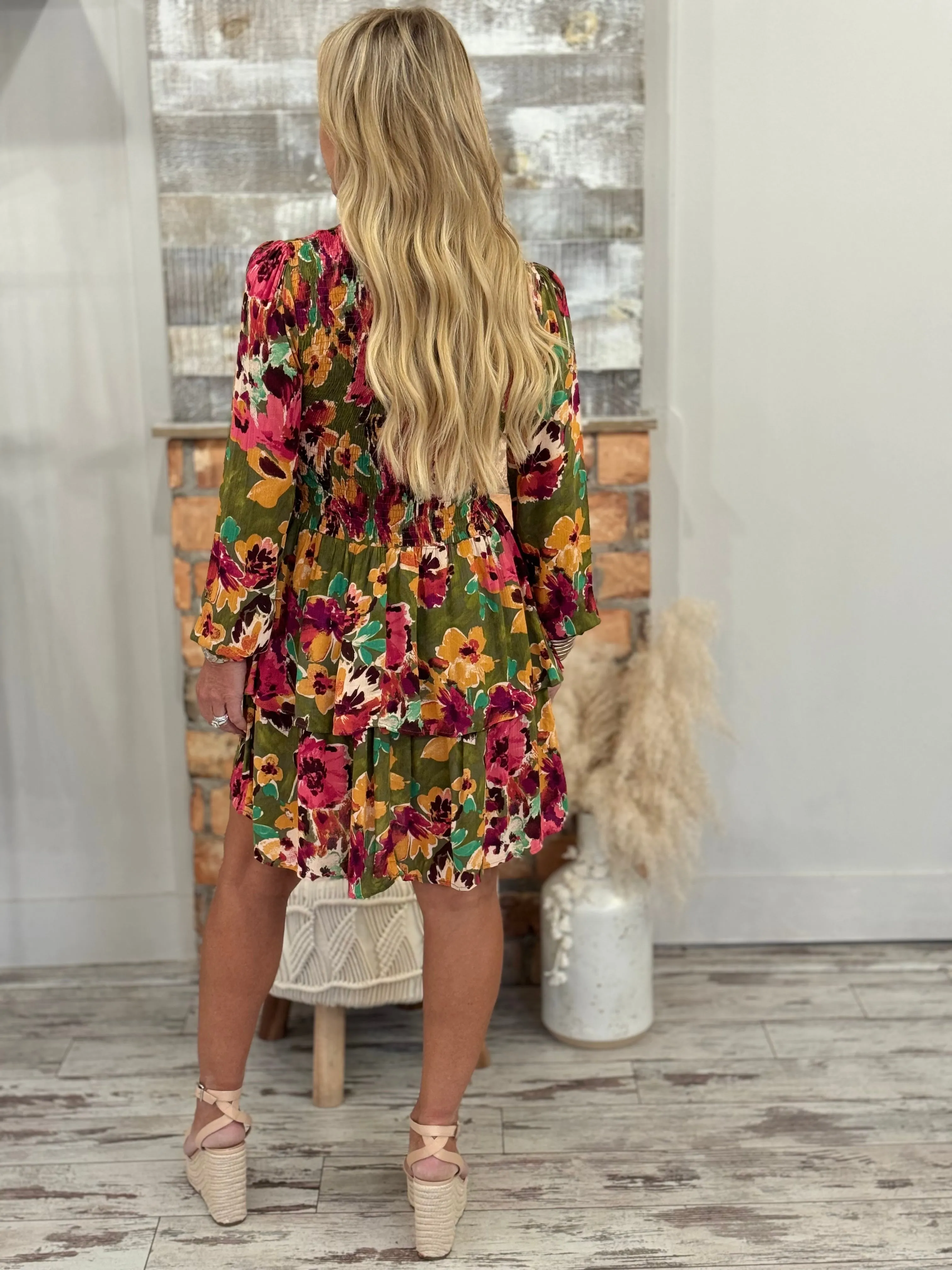 Smocked Floral Tiered Ruffle Dress