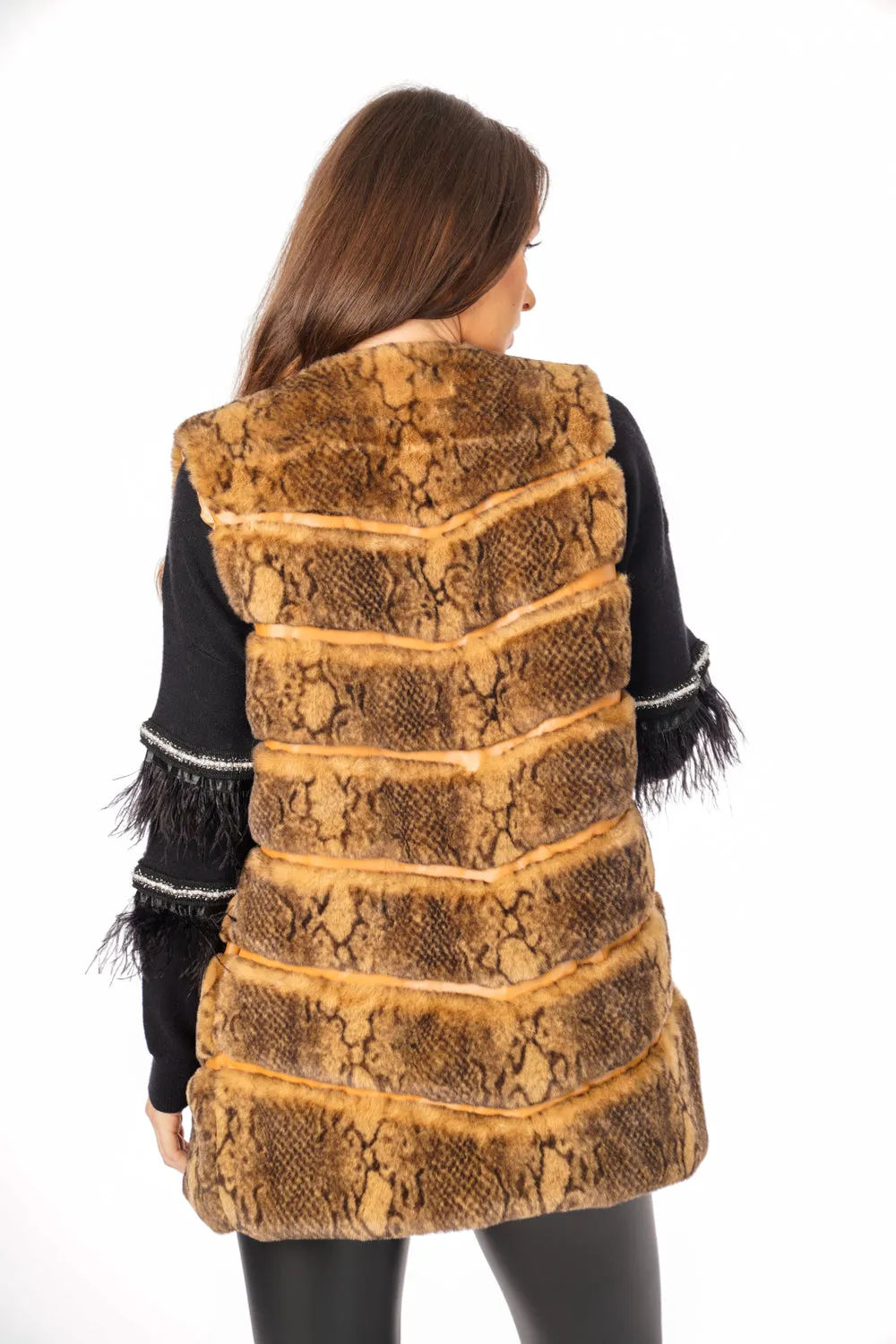 Snake Print Chevron Soft Faux Fur Leather Panel Gilet