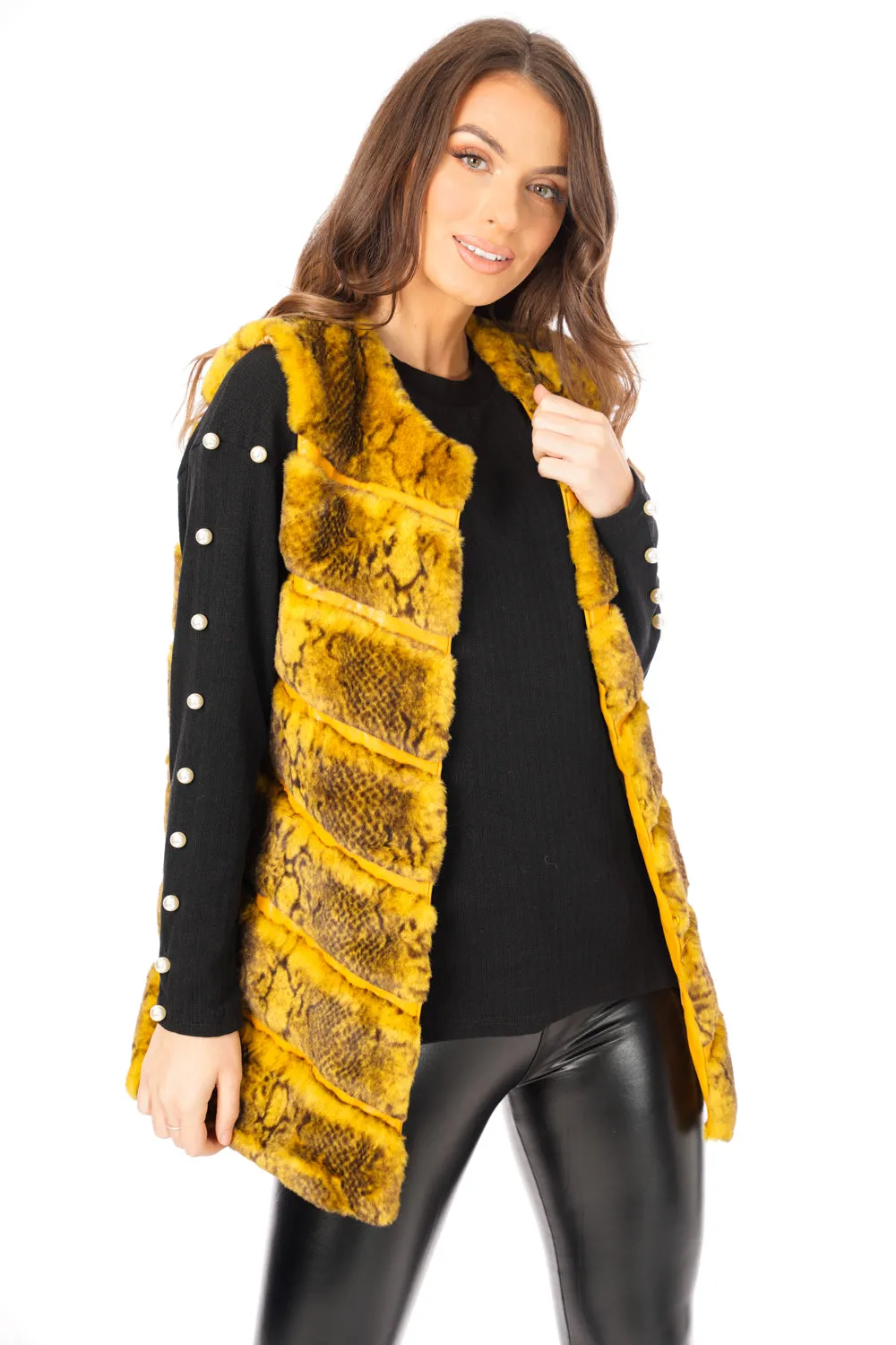 Snake Print Chevron Soft Faux Fur Leather Panel Gilet