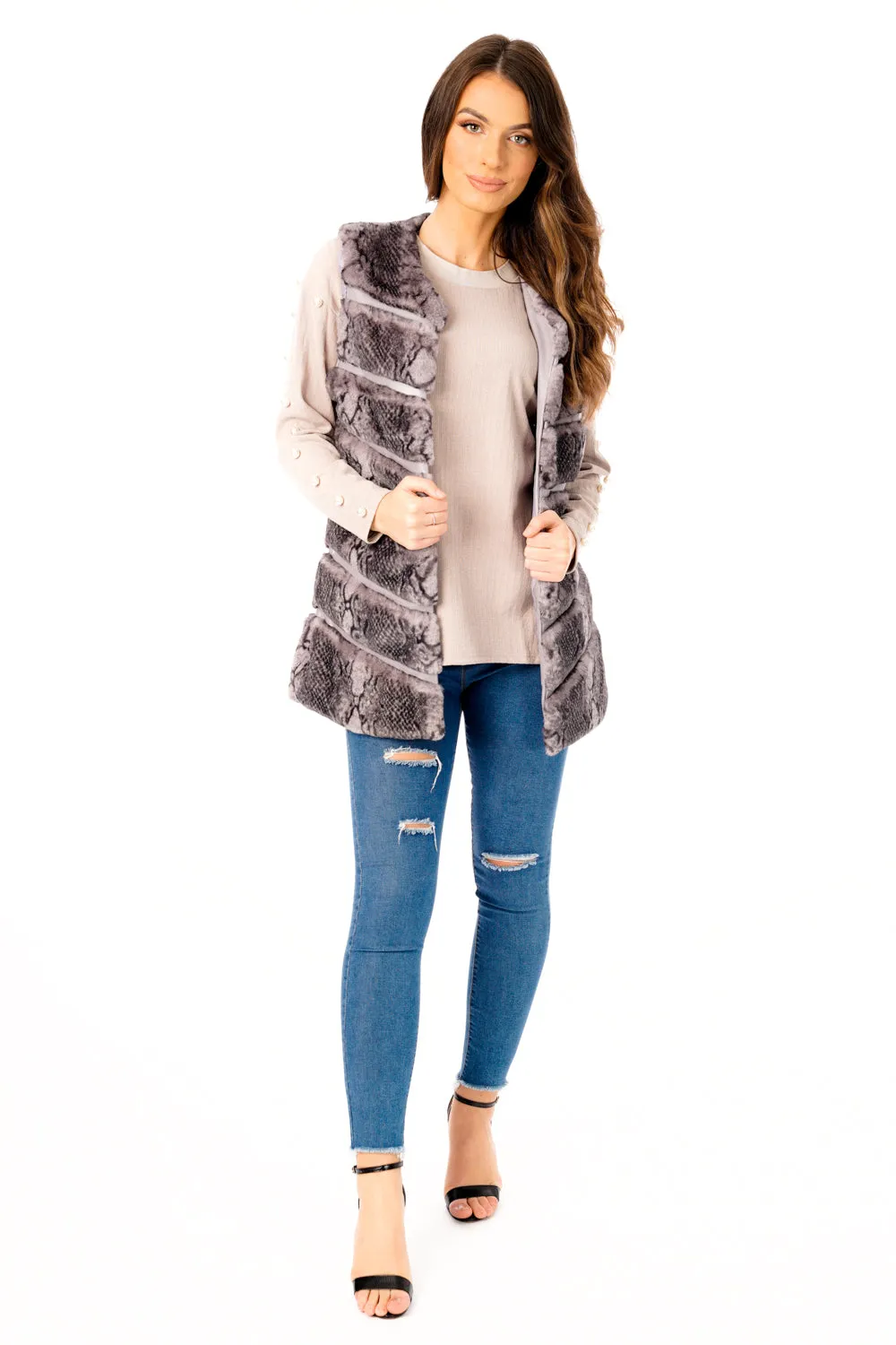 Snake Print Chevron Soft Faux Fur Leather Panel Gilet