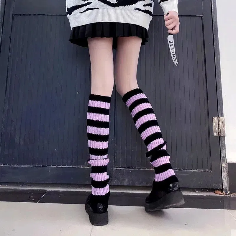 Sohiwoo Women's Striped Leg Warmers Lolita Punk Gothic JK Long Knitted Socks Leggings Japanese Girls Winter Leg Cover Protector Stocking