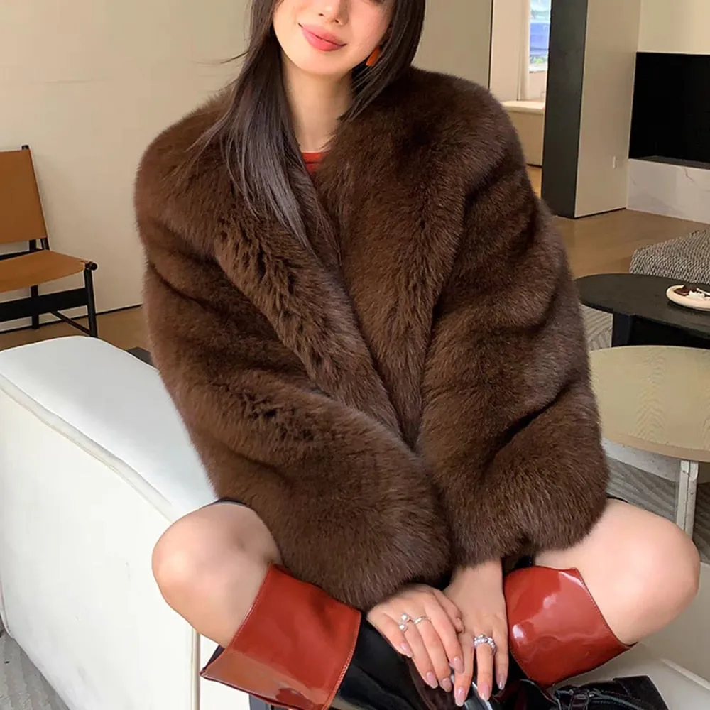 Solid Casual Minimalist Temperament Faux Fur Coats For Women Round Neck Long Sleeve Winter Coat Female Fashion