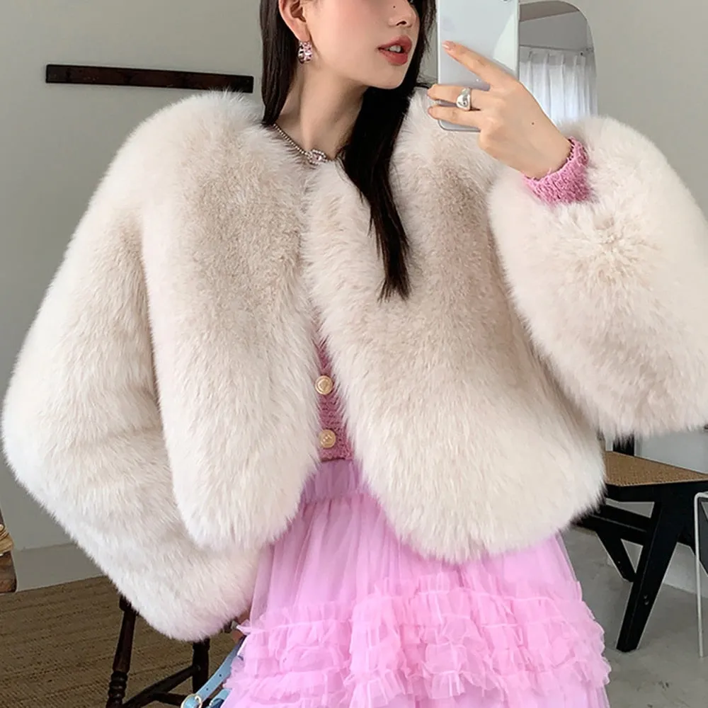 Solid Casual Minimalist Temperament Faux Fur Coats For Women Round Neck Long Sleeve Winter Coat Female Fashion