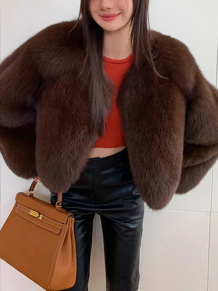 Solid Casual Minimalist Temperament Faux Fur Coats For Women Round Neck Long Sleeve Winter Coat Female Fashion