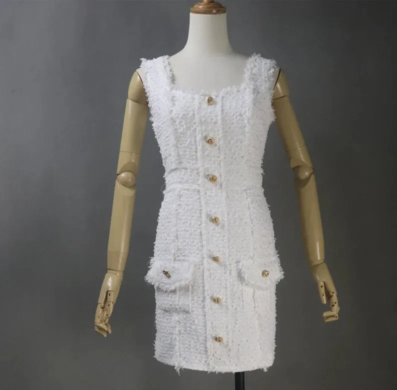 Specially made White Tweed Mini/ Midi/ Long Dress, Speech Day, Graduation Ceremony, Wedding, bridesmaid dress, Afternoon Tea