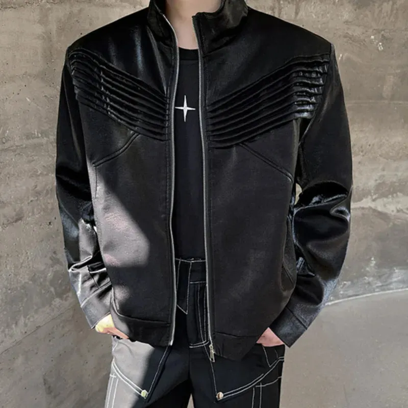 Spring Trendy Jacket Fashion Personality Pleated Design Solid Color Zipper Darkwear Male Tops Menwear 9C5051